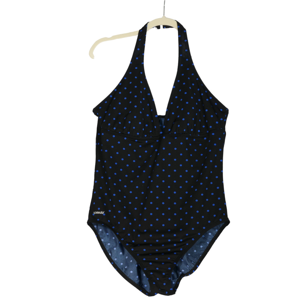 Speedo One Piece Swimsuit Womens Size 18 Black Blue Polka Dot Lightly Padded Bra